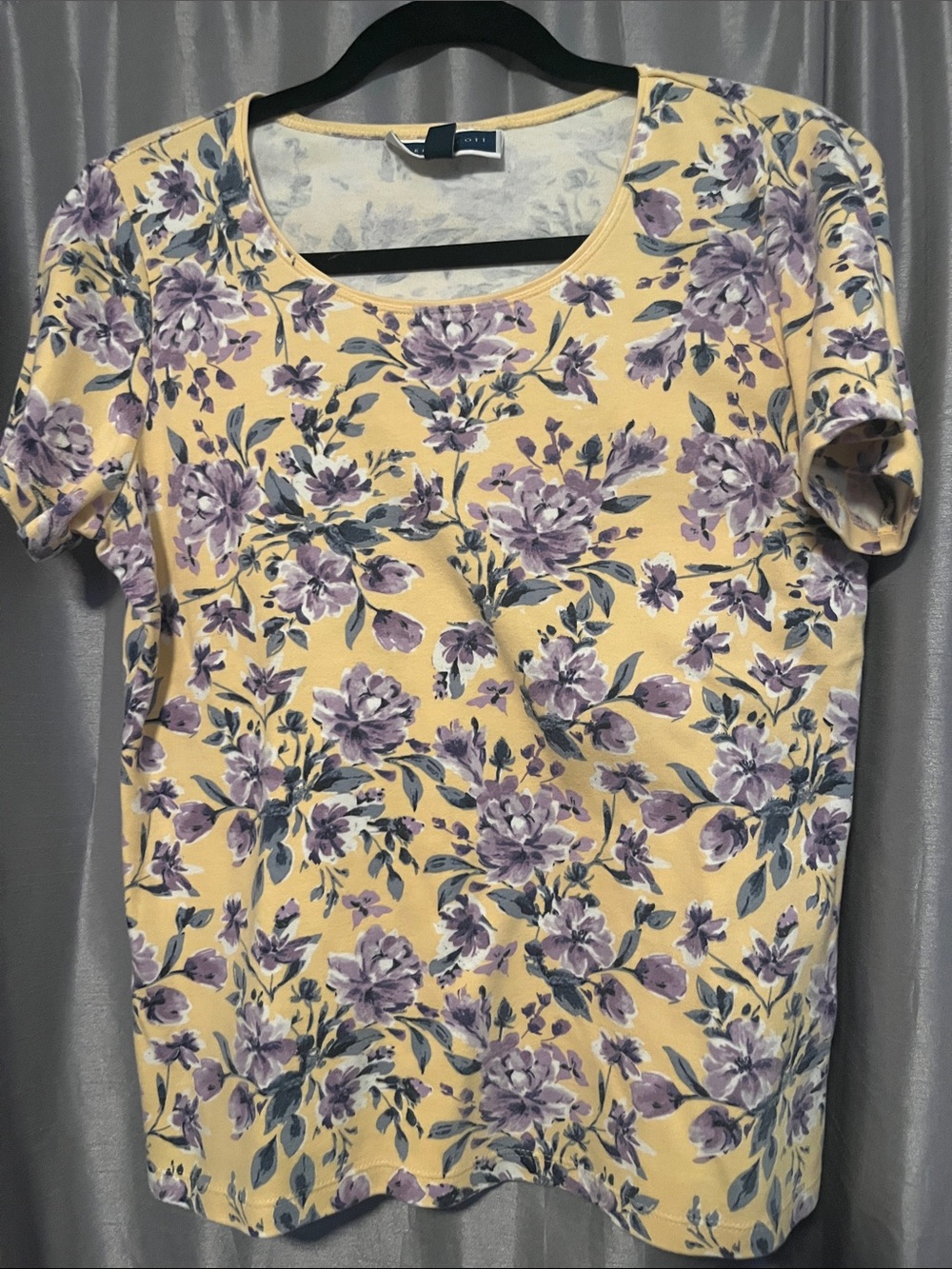 Karen Scott Yellow Short Sleeve Tee with Purple Floral Print